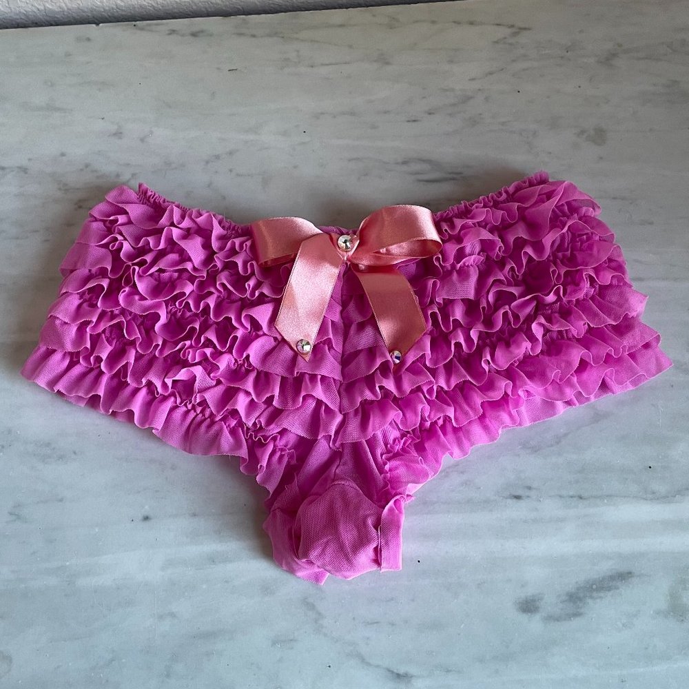 Moulin Rouge Showgirl Costume Pink Cheeky Ruffle Panties w/ Swarovski Accent